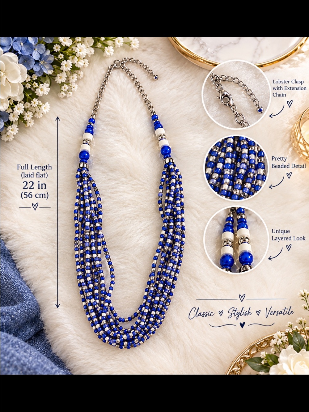 Multi-Strand Blue Beaded Statement Necklace - Women Jewelry